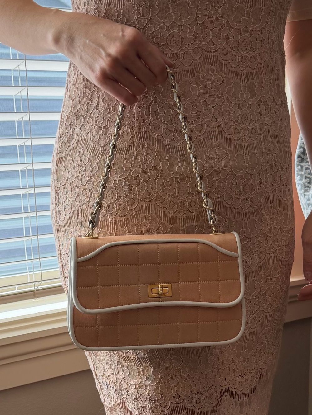 Chanel Satin Peach Chocolate Bar flap bag white trim and gold-tone hardware